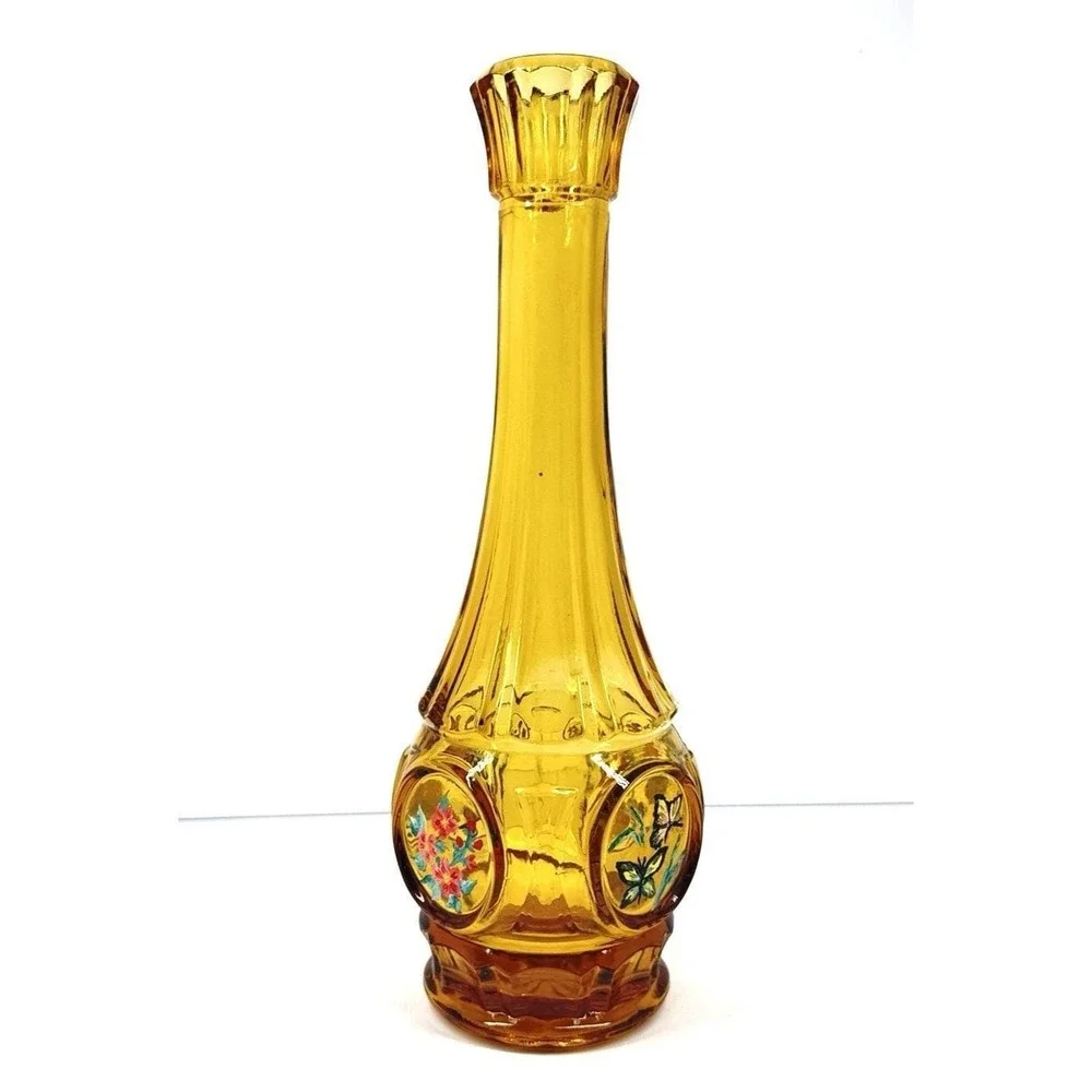 Vintage Amber Glass Bottle Vase Hand Painted Floral Panels Narrow Neck Decor‎